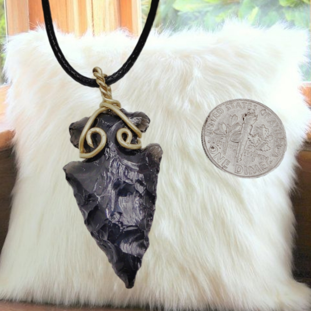 Hand-Wired Obsidian Arrowhead Pendant with Black Cord Necklace